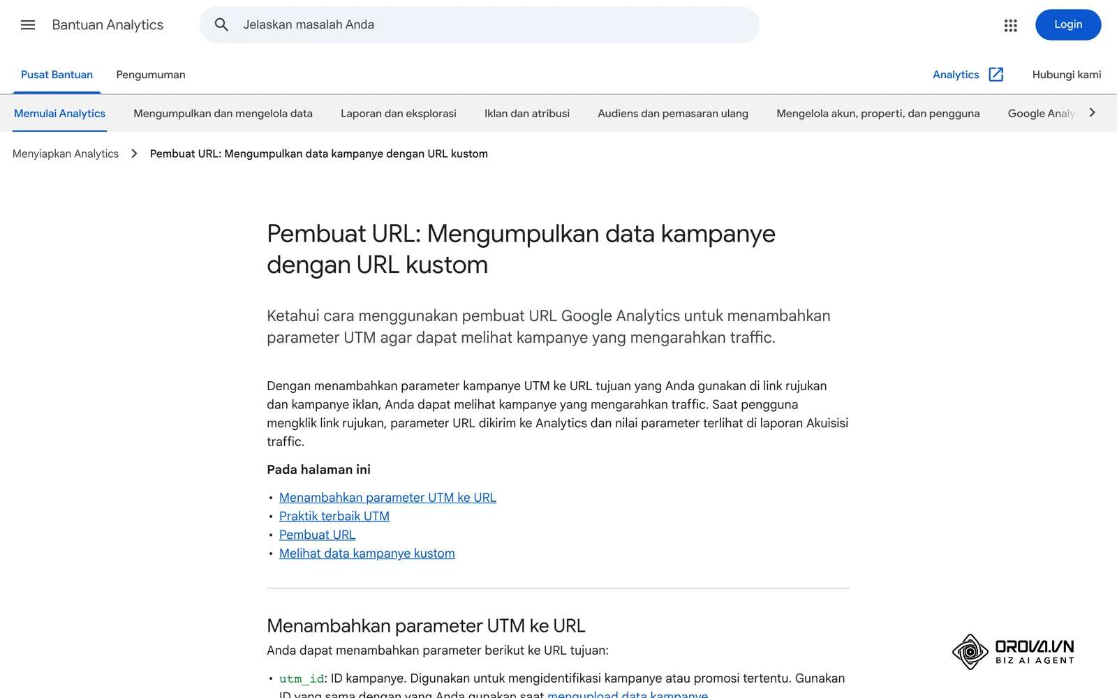 Halaman bantuan resmi Google Analytics "Pembuat URL: Mengumpulkan data kampanye dengan URL kustom" yang menjelaskan parameter UTM.
