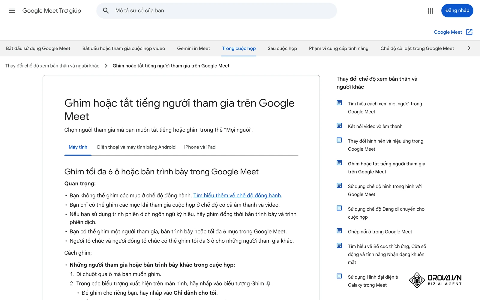 Trang trợ giúp chính thức của Google Meet (tiếng Việt) hướng dẫn ghim hoặc tắt tiếng người tham gia trong cuộc họp.