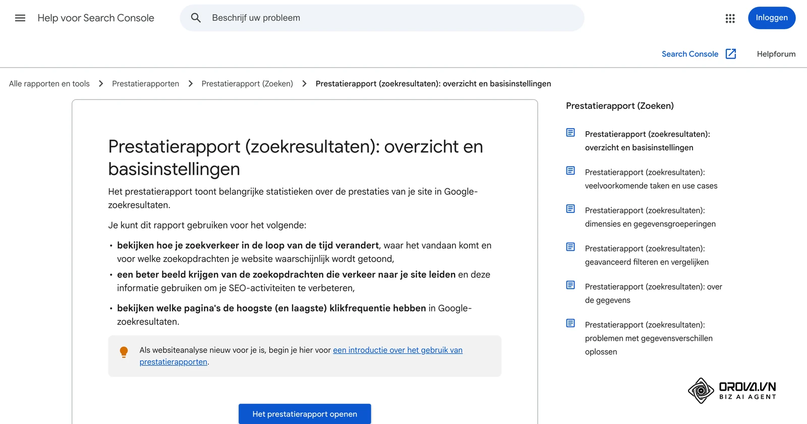 Search Console Help in het Nederlands: overzicht en basisinstellingen van het prestatierapport (zoekresultaten).