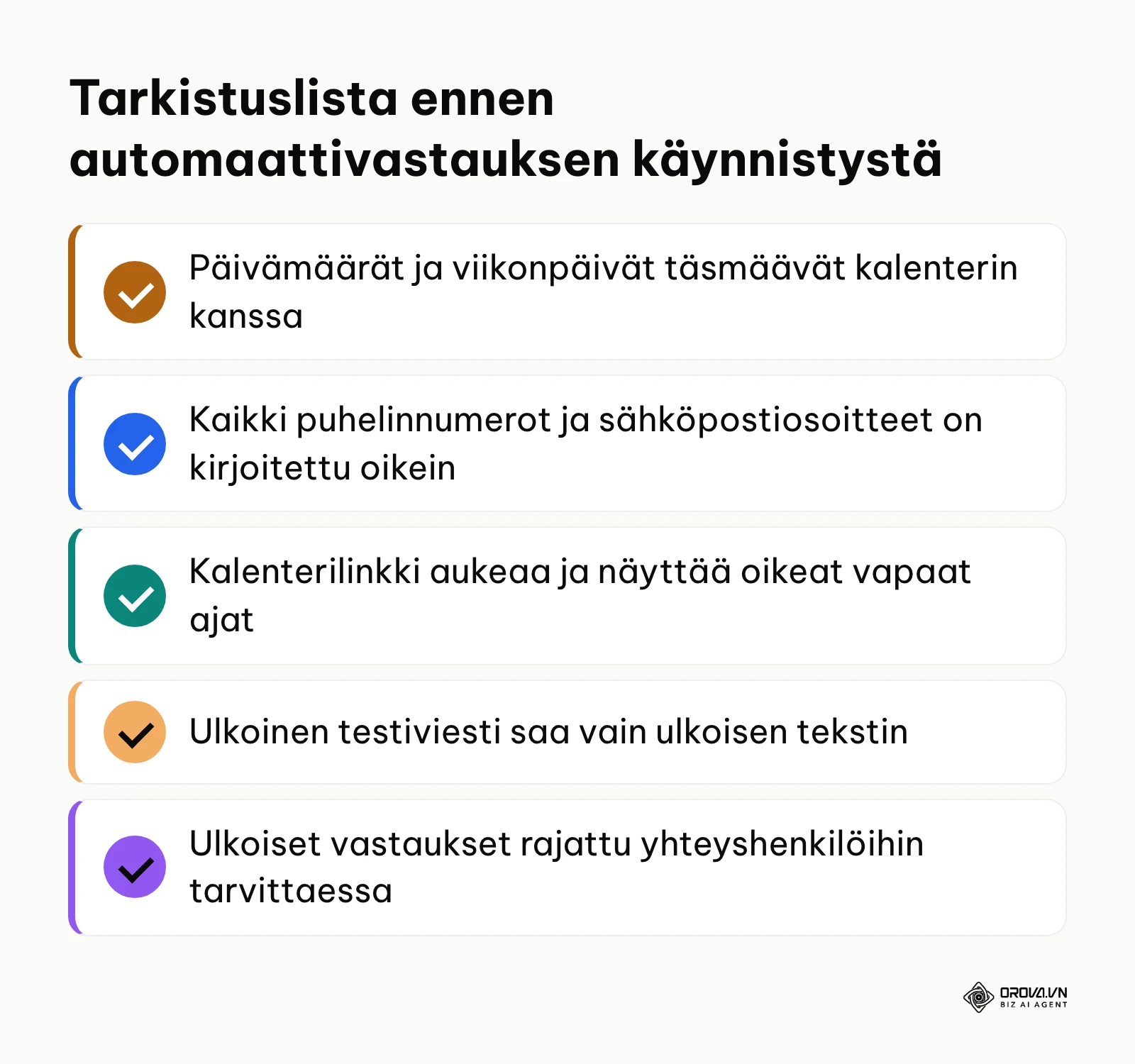 Tiivistetty tarkistuslista poissaoloviestin laadunvarmistukseen ennen lomalle siirtymistä.