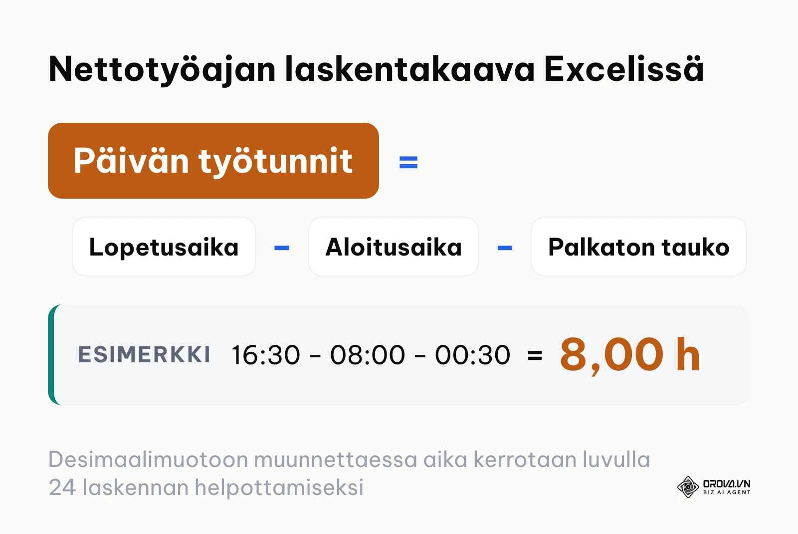 Kaava nettotyöajan laskemiseen aloituksen, lopetuksen ja palkattoman tauon perusteella.