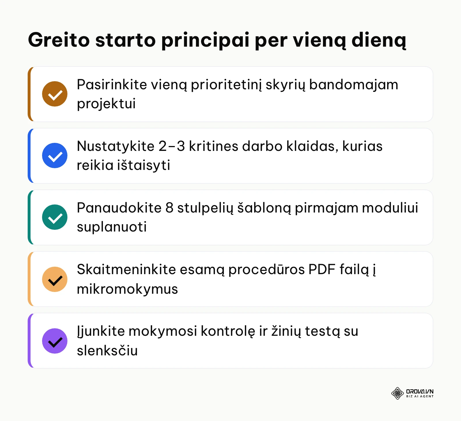 Kontrolinis sąrašas su varnelėmis, skirtas greitam startui.