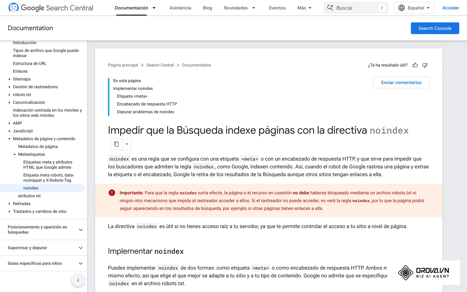 Documentación de Google sobre cómo funciona la directiva noindex.