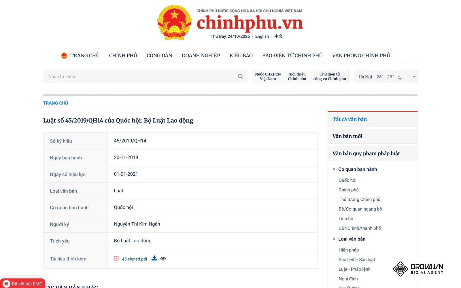 Trang Bộ luật Lao động 2019 (Luật số 45/2019/QH14) trên Cổng văn bản của Chính phủ, nơi tra Điều 113 và Điều 114 về nghỉ hằng năm.