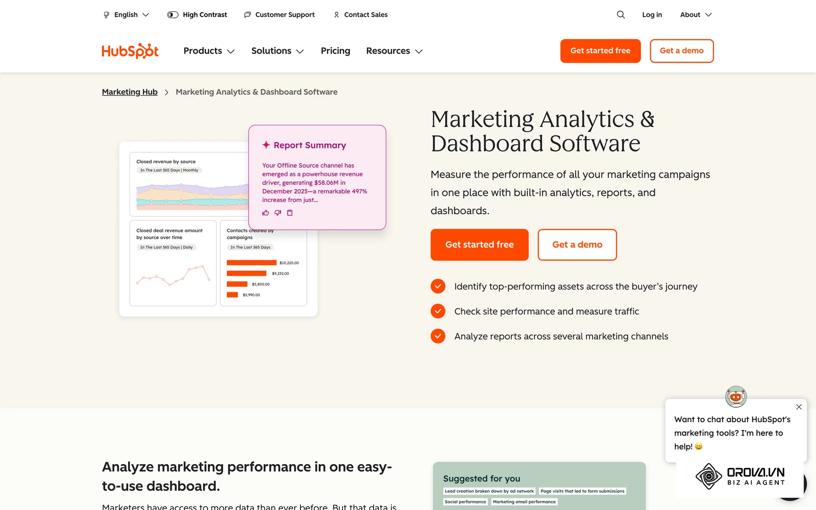 HubSpot's marketing analytics ties campaign activity to contacts and deals in the CRM.