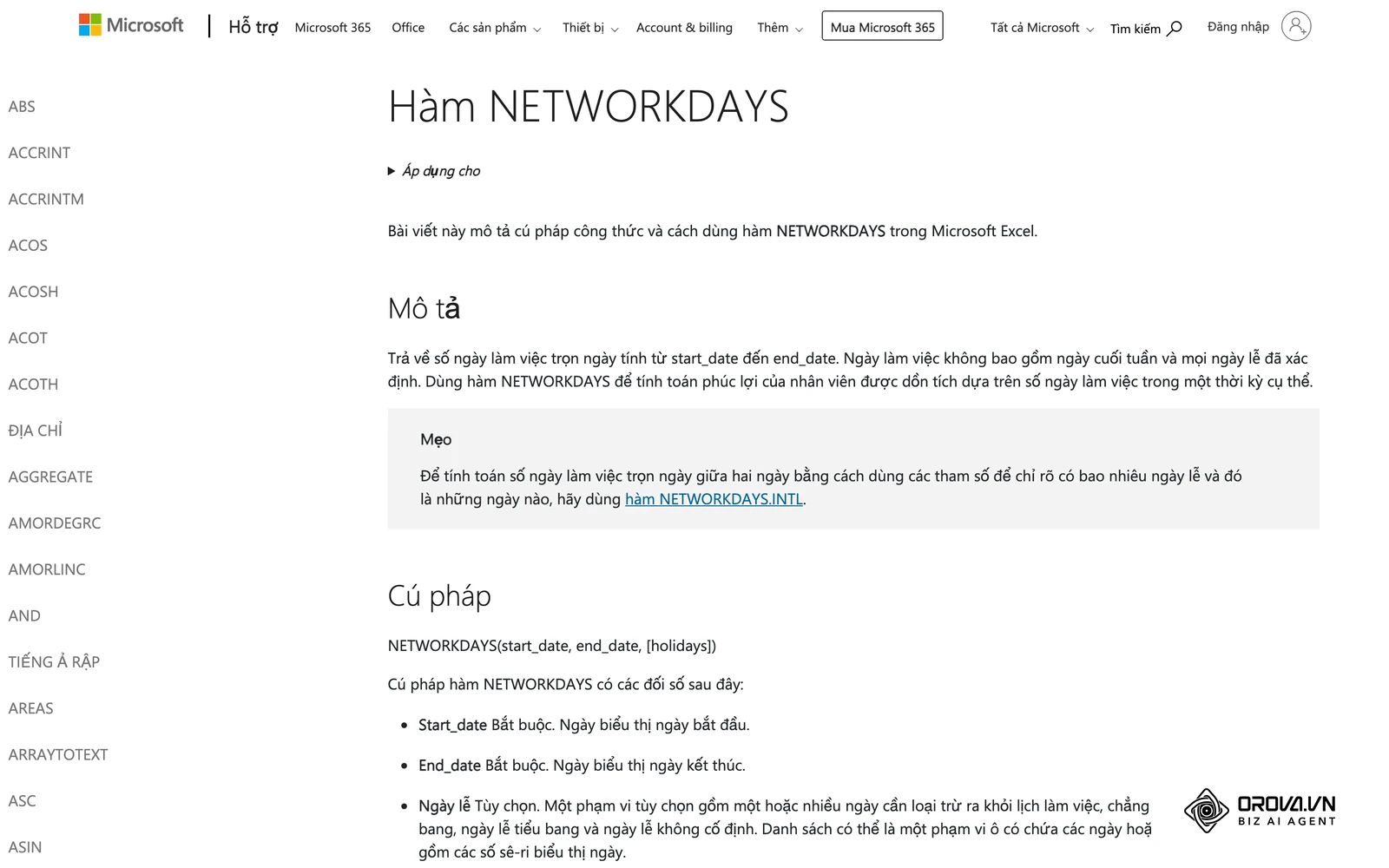 Trang hỗ trợ Microsoft về hàm NETWORKDAYS trong Excel, dùng để đếm số ngày làm việc trong tháng khi xác định ngày công chuẩn.