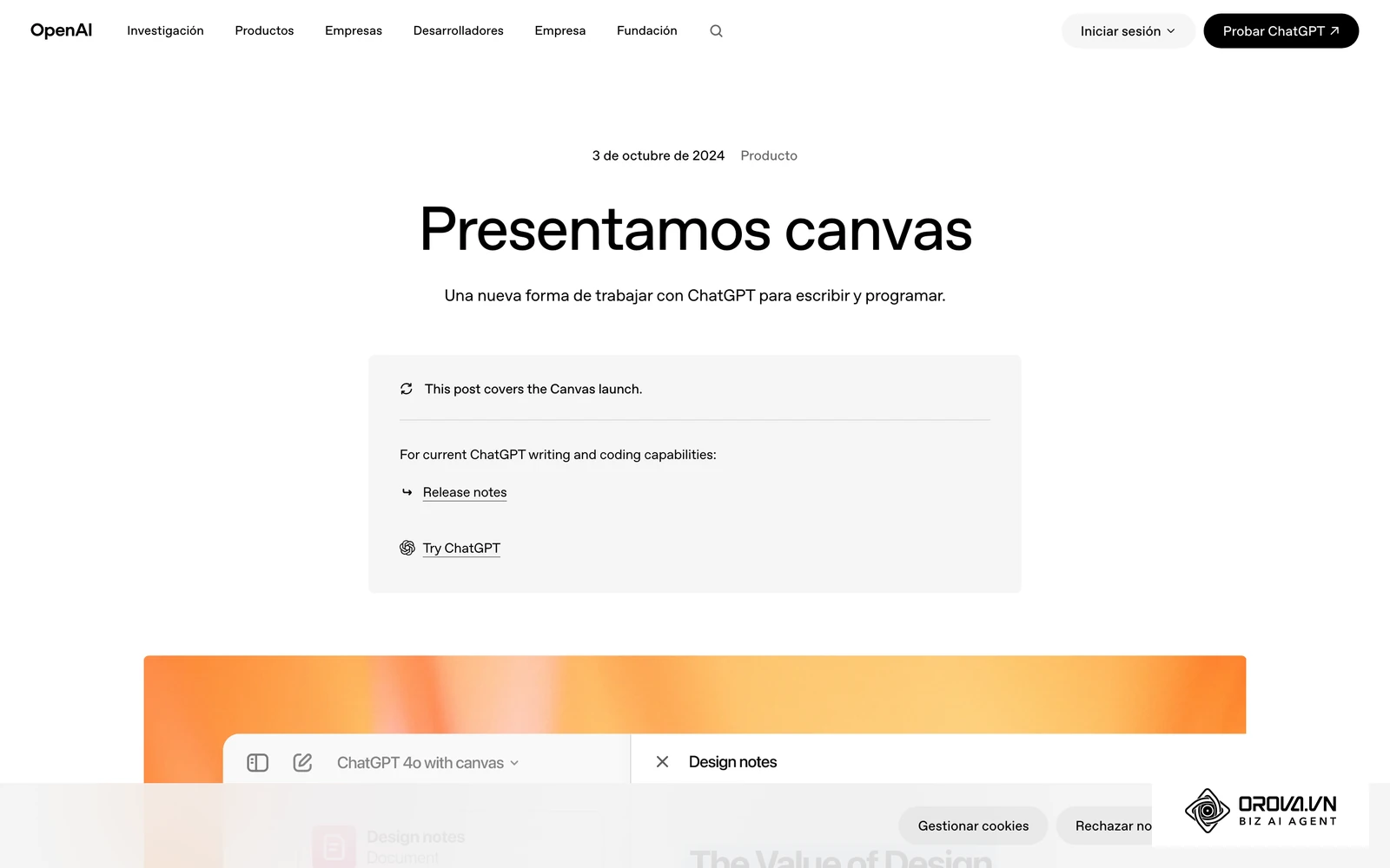 Anuncio oficial de OpenAI con la interfaz de ChatGPT Canvas, el editor donde se ajustan párrafos concretos sin regenerar todo el texto.