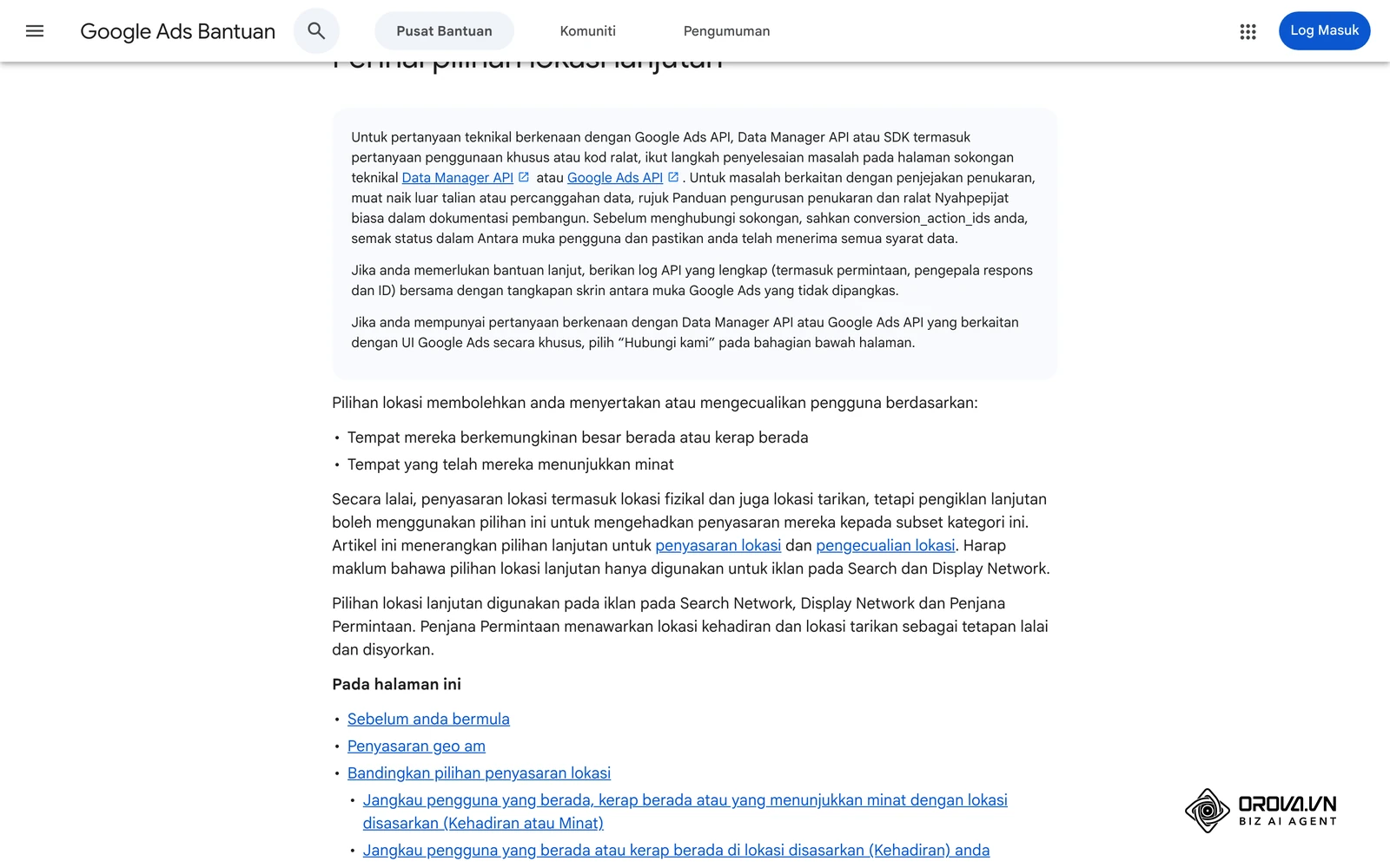 Halaman bantuan Google Ads tentang pilihan lokasi lanjutan: perbezaan "Kehadiran" dan "Kehadiran atau minat".