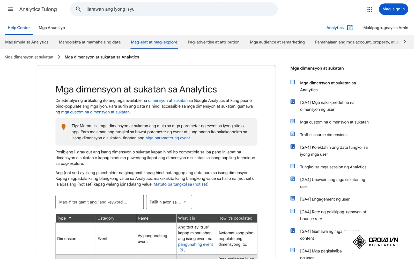 Tulong ng Google Analytics sa Filipino: ipinapaliwanag ng pahinang ito ang pagkakaiba ng dimension at metric sa GA4.