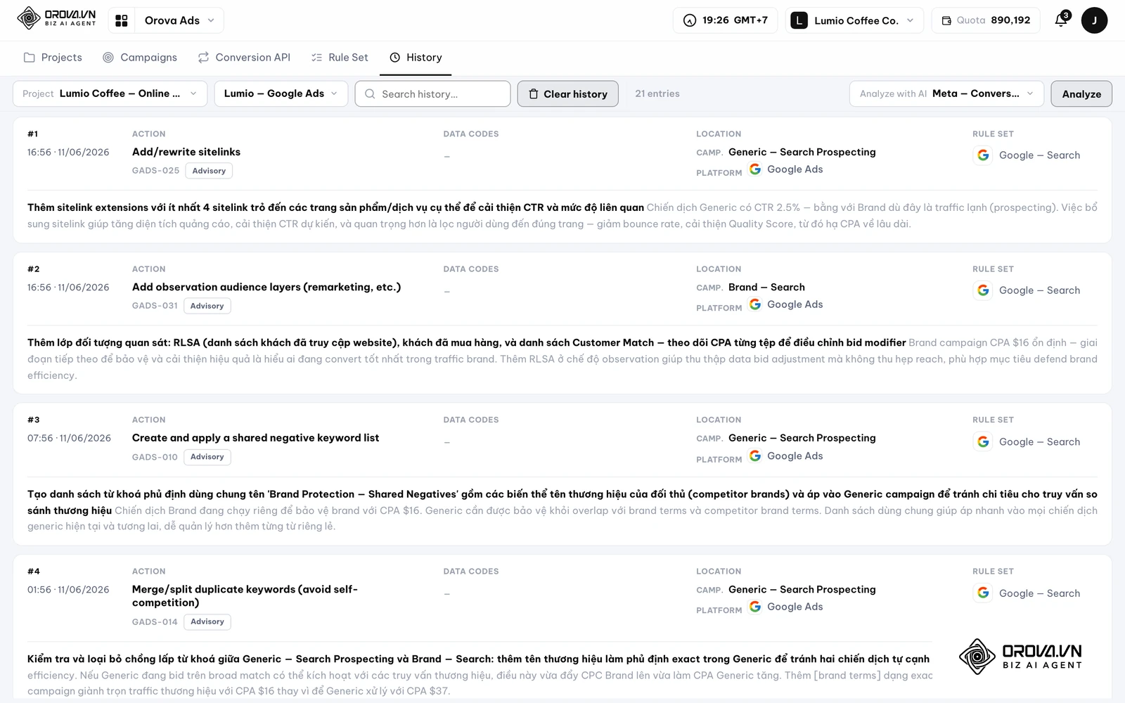 Every single proposal generated, every user who clicked "Approve," the exact timestamp of the API execution, and the success/failure response from the ad platform are permanently logged in a transparent history trail.