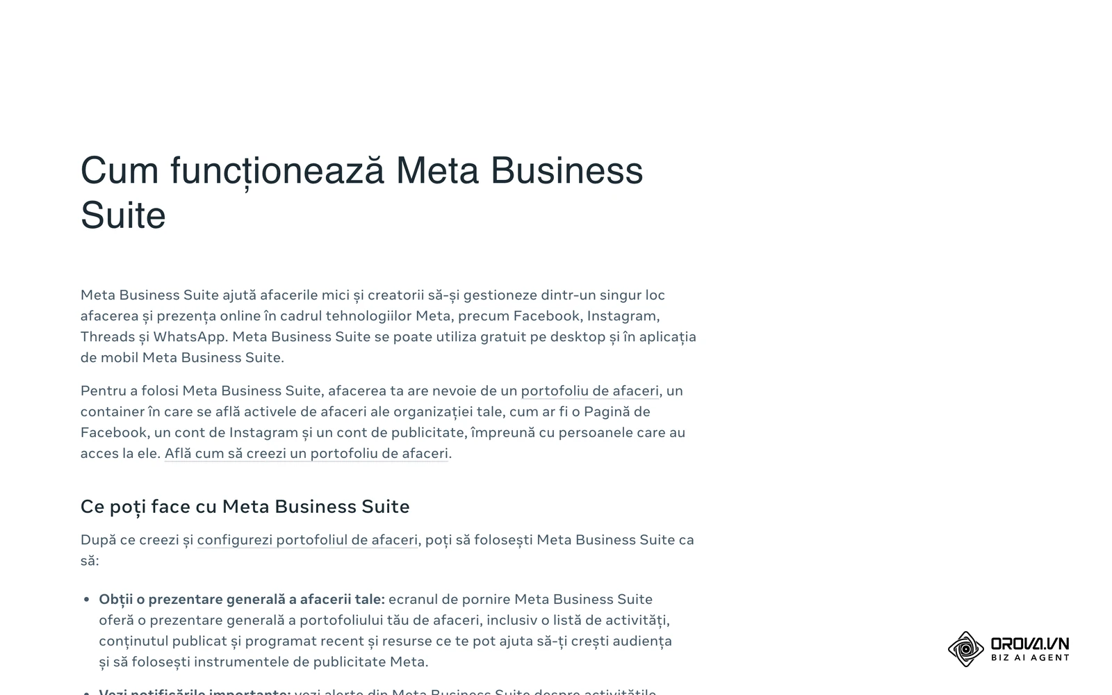 Centrul de ajutor Meta pentru afaceri (în română): articolul „Cum funcționează Meta Business Suite”, cu portofoliul de afaceri ca punct de plecare.