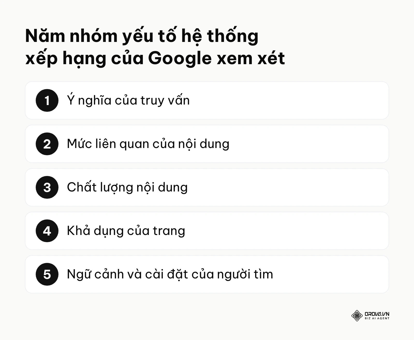 Năm nhóm yếu tố xếp hạng theo Google: ý nghĩa truy vấn, mức liên quan, chất lượng, khả dụng, ngữ cảnh
