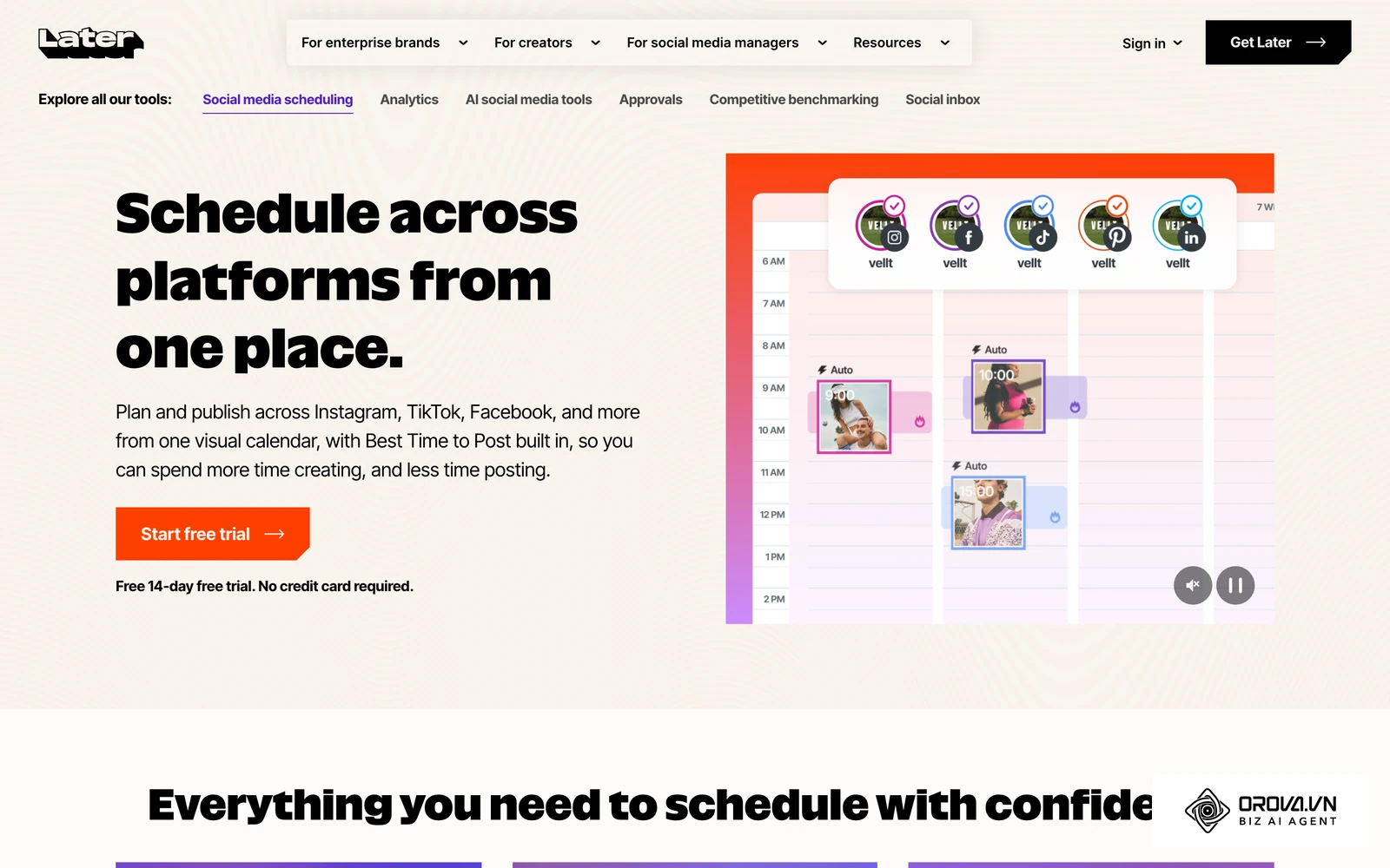 Later's scheduler showing a weekly calendar grid where posts for several networks are placed into hourly slots.