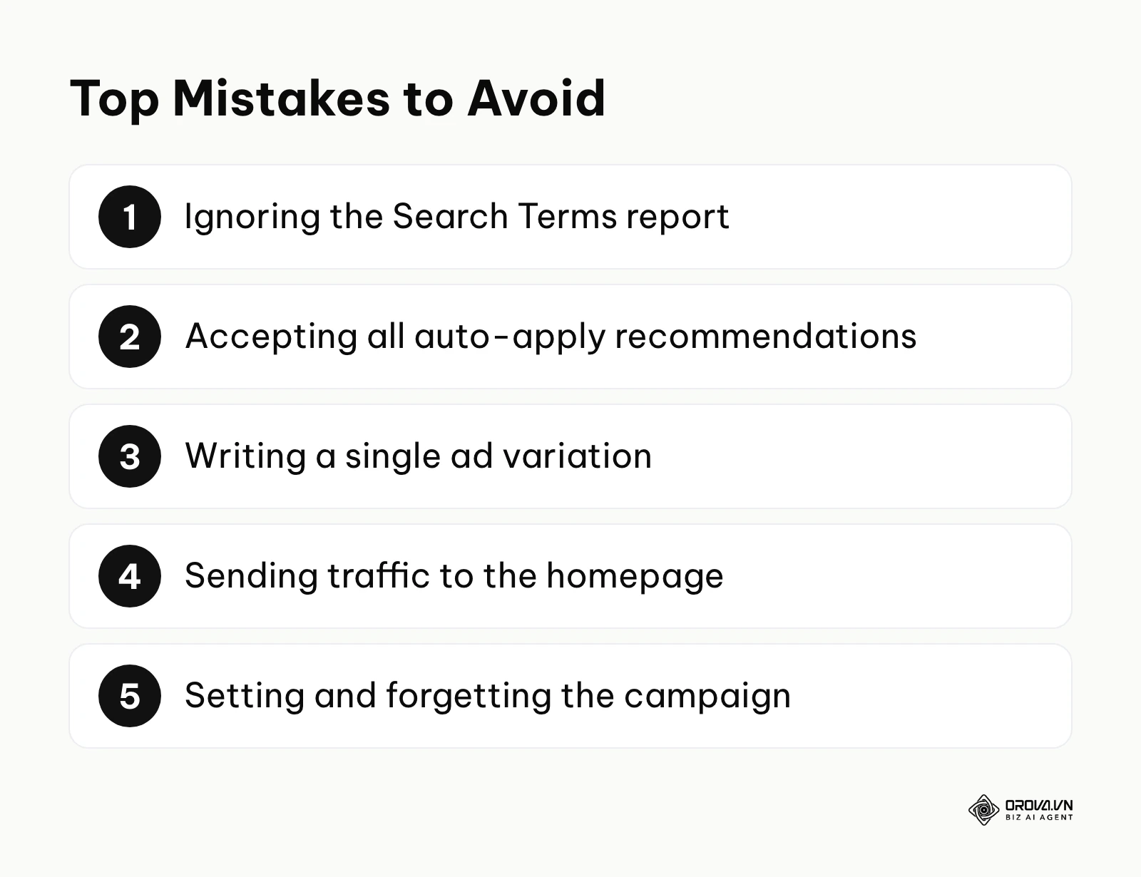 A numbered list summarizing the most common budget-draining mistakes.