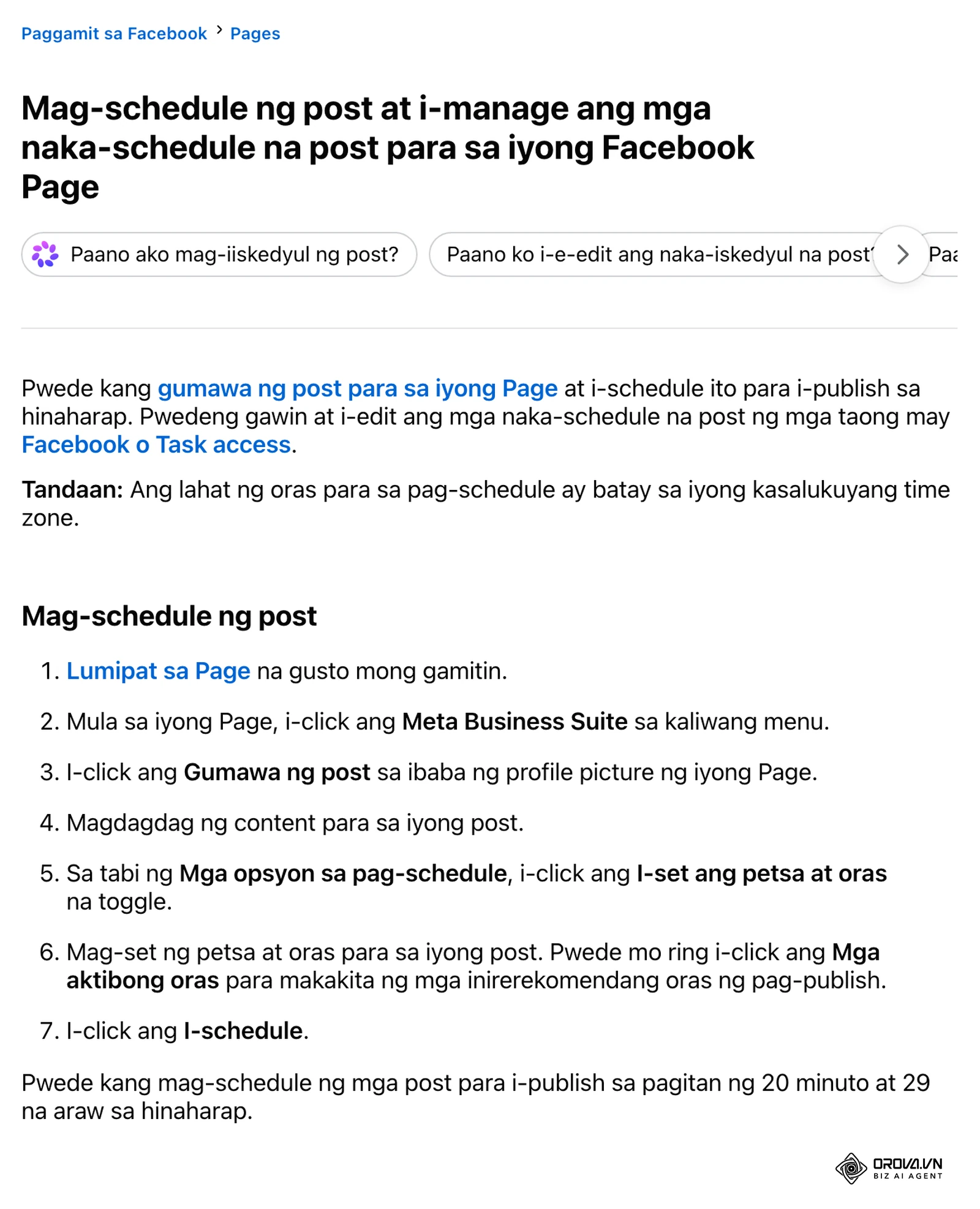Facebook Help Center sa Filipino: ang 7 hakbang para mag-schedule ng post sa Facebook Page, mula Lumipat sa Page hanggang I-schedule, at ang saklaw na 20 minuto hanggang 29 na araw.