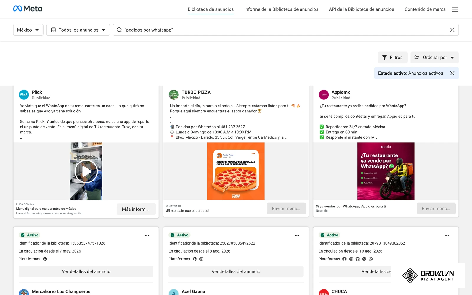Biblioteca de anuncios de Meta: creativos reales activos en México que piden hacer pedidos por WhatsApp.