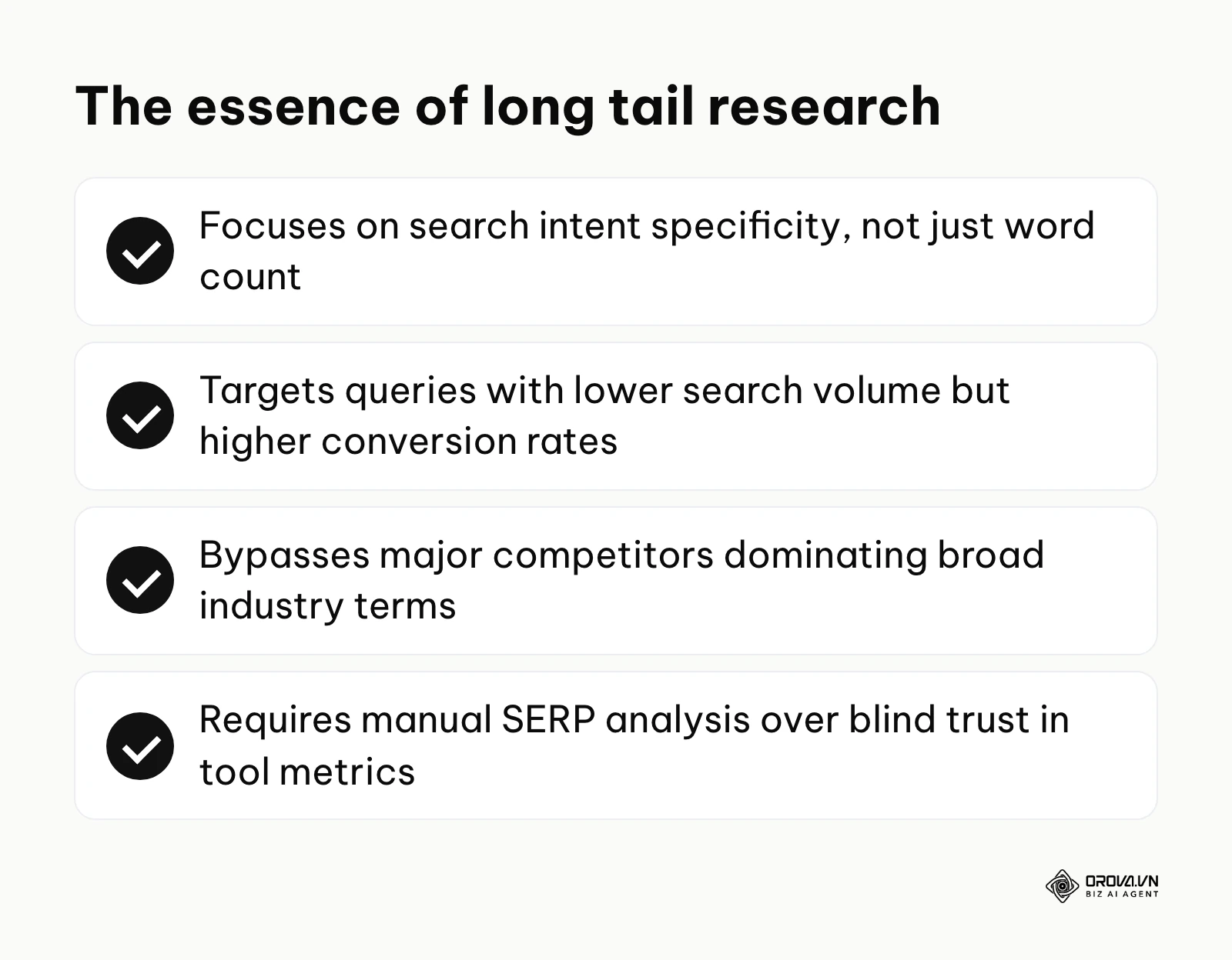 A summary checklist explaining the core concept of long tail keyword research.