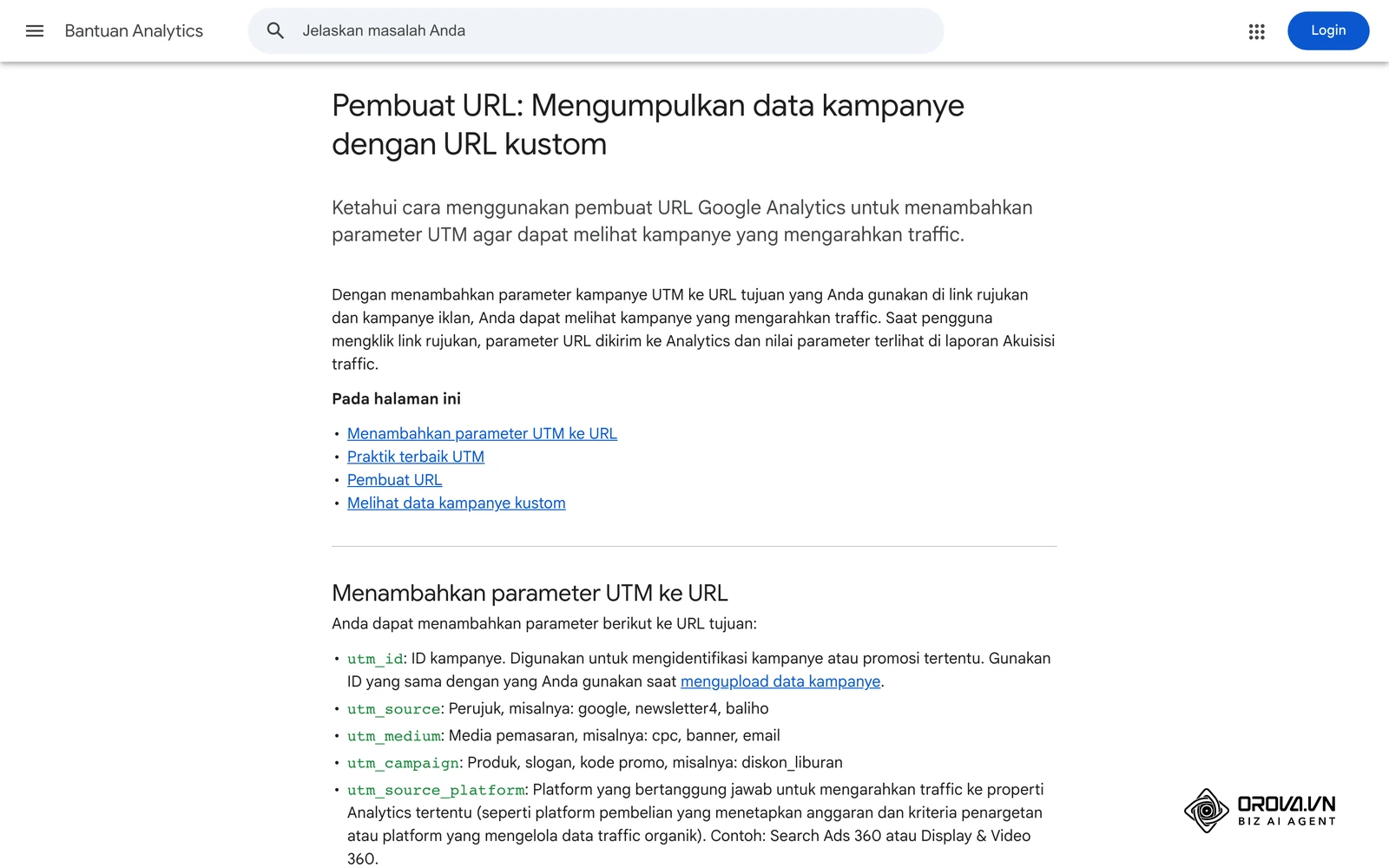 Halaman bantuan rasmi Google Analytics tentang Pembuat URL dan parameter UTM seperti utm_source, utm_medium dan utm_campaign.