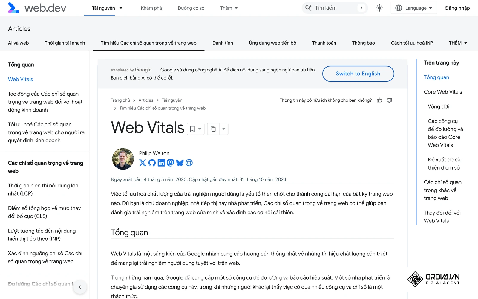 Tài liệu Core Web Vitals trên web.dev, bộ chỉ số trải nghiệm trang nên theo dõi khi tối ưu trang đích.