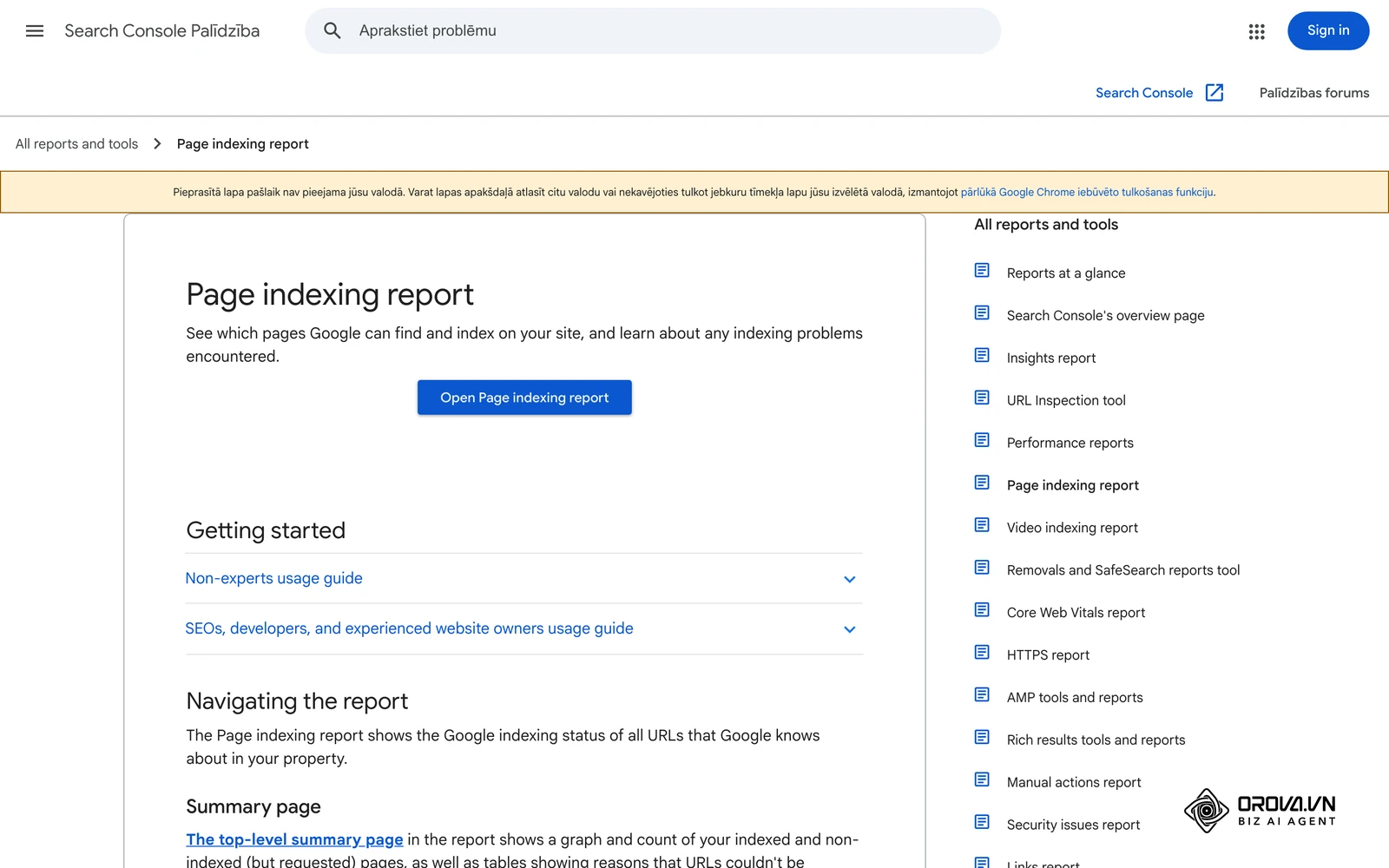 Google Search Console oficiālā palīdzība par pārskatu “Lapu indeksēšana” — no šī pārskata sākas audita 1. solis.