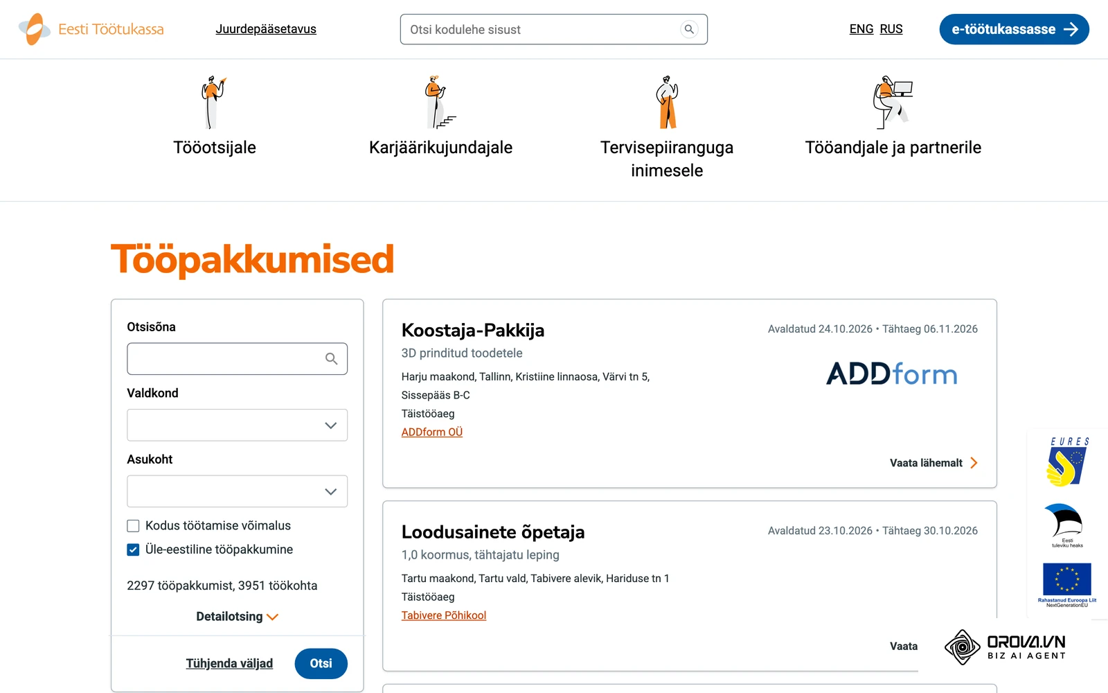Töötukassa avalik tööpakkumiste nimekiri: ametinimetus, asukoht, tööaeg, avaldamise kuupäev ja tähtaeg.