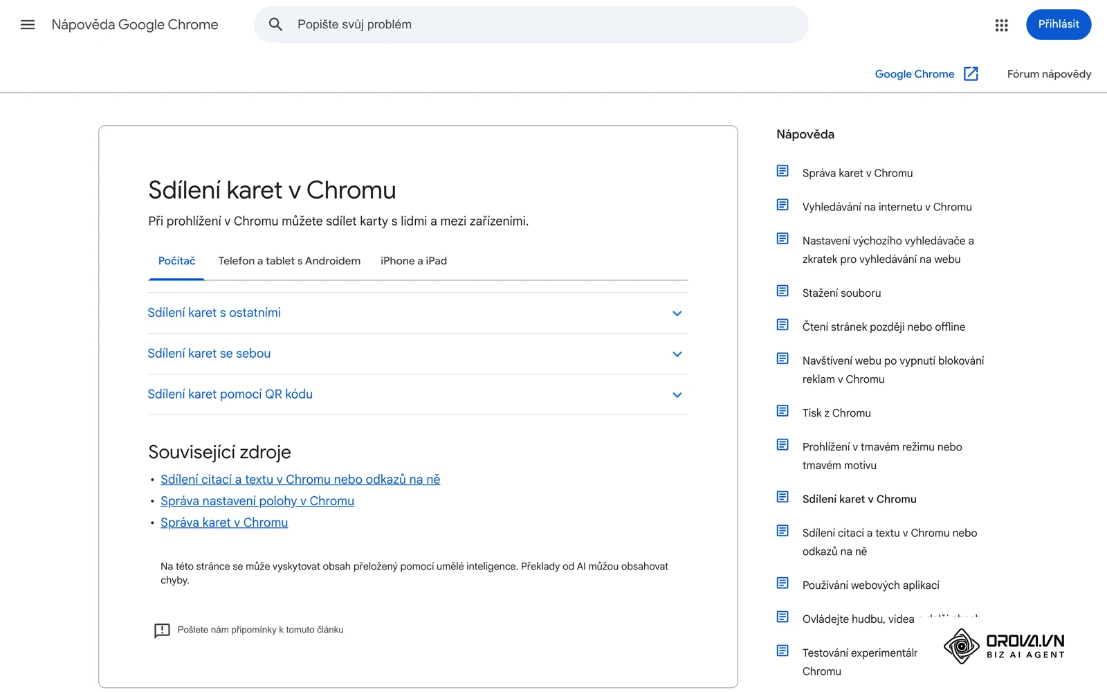 Oficiální nápověda Google Chrome v češtině: sdílení stránky pomocí funkce „Vytvořit QR kód“.