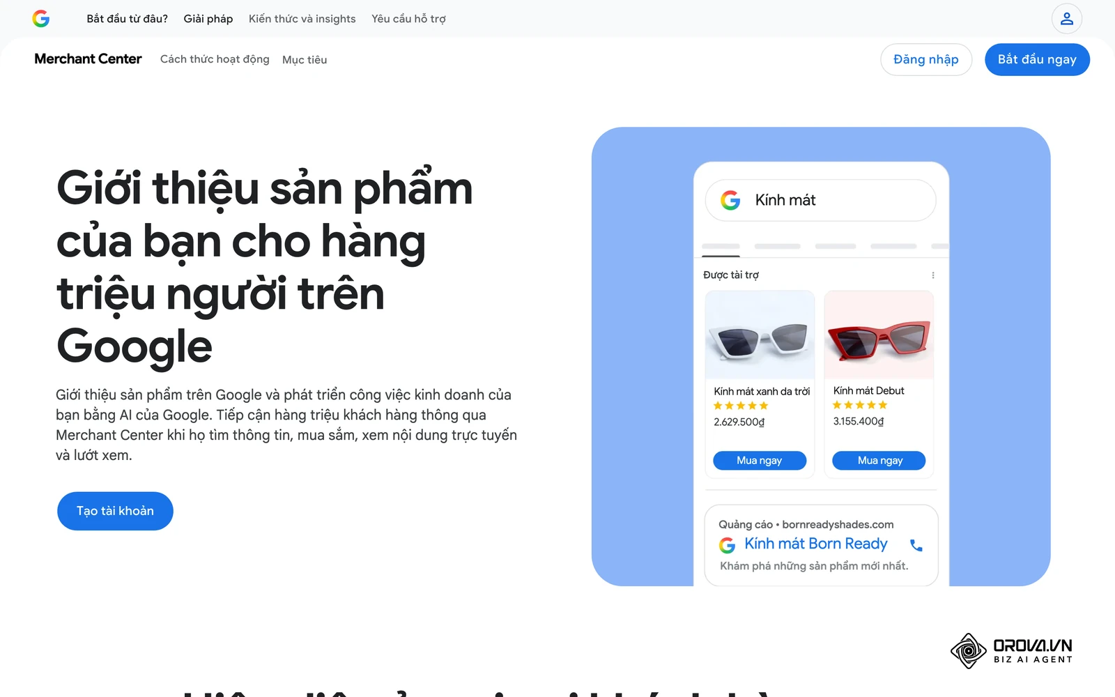 Trang giới thiệu Google Merchant Center dành cho nhà bán lẻ, nơi đưa thông tin sản phẩm lên các dịch vụ của Google.