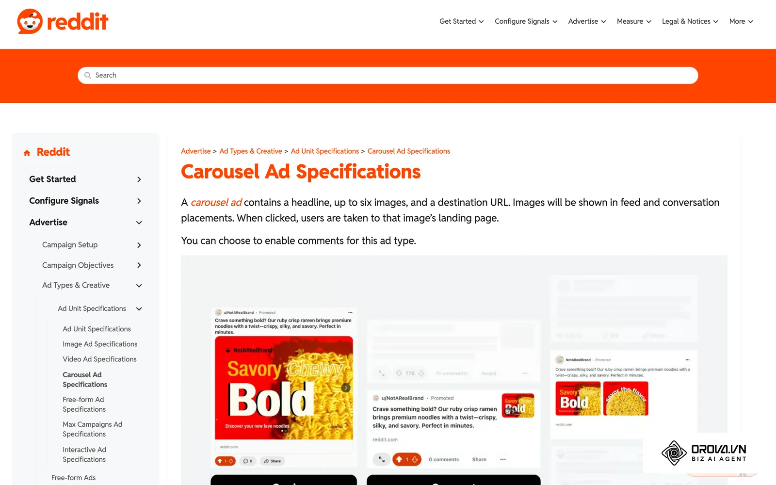 Official Reddit carousel ad specifications with real ad mockups in feed and conversation placements, from the Reddit Ads help center.