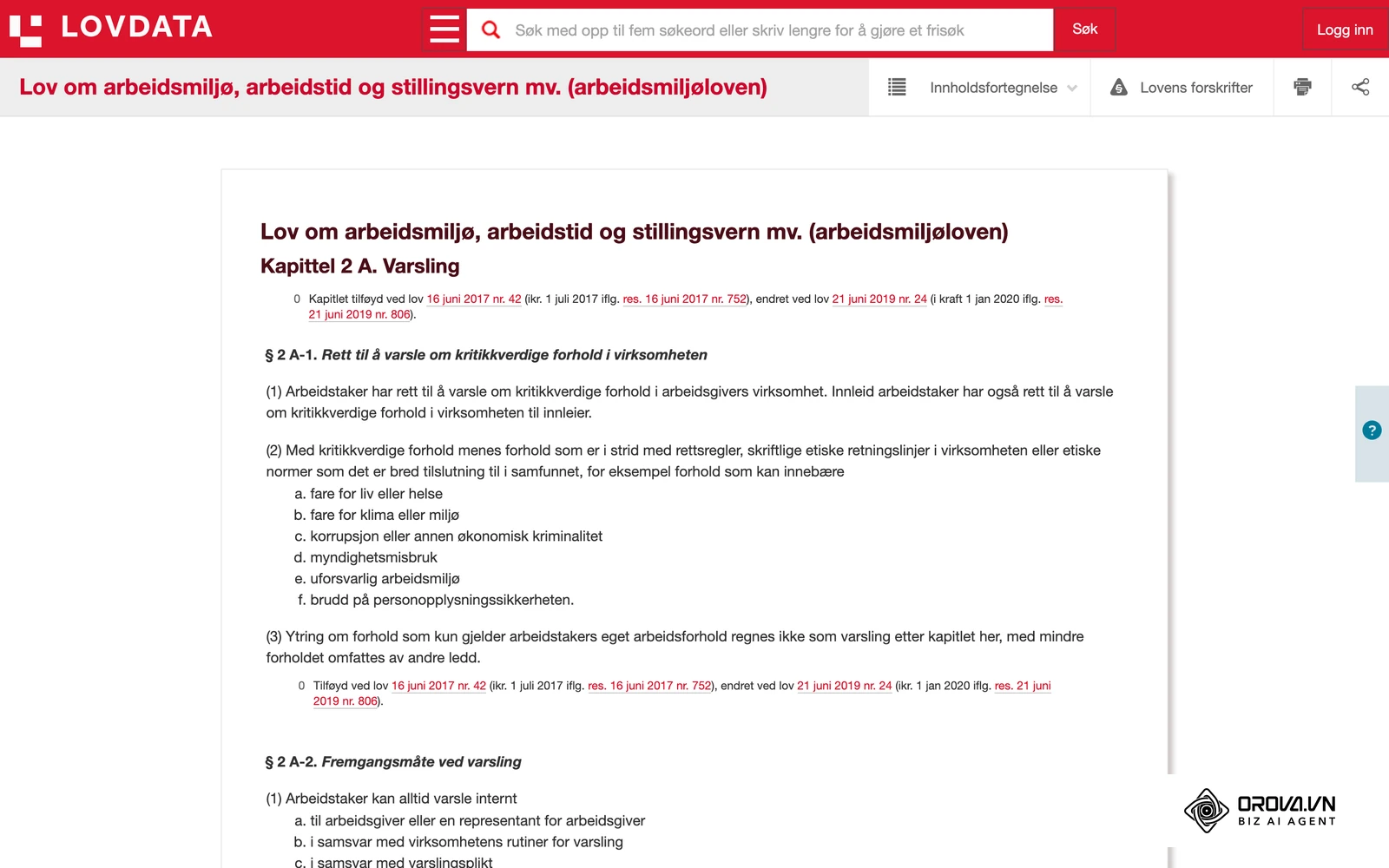 Arbeidsmiljøloven slik den vises på lovdata.no; kapittel 3 i samme lov gjelder systematisk HMS-arbeid, med blant annet § 3-5 om arbeidsgivers plikt til HMS-opplæring.