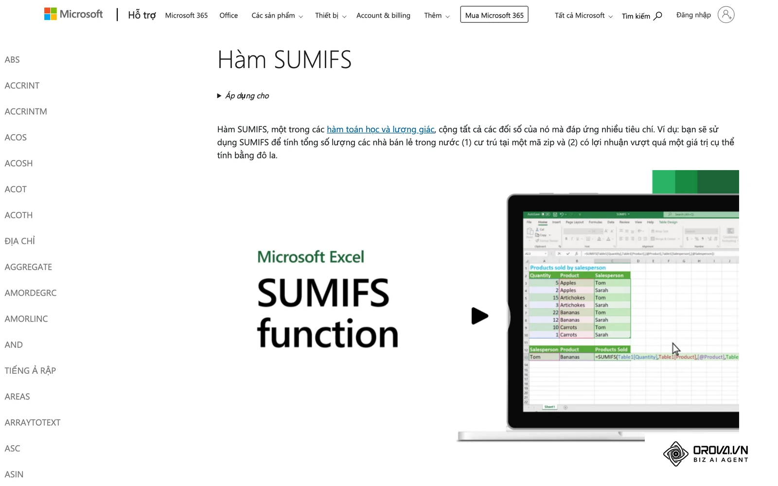 Trang trợ giúp hàm SUMIFS của Microsoft, hàm dùng để cộng ngày phép đã duyệt và đang chờ theo từng mã nhân viên.