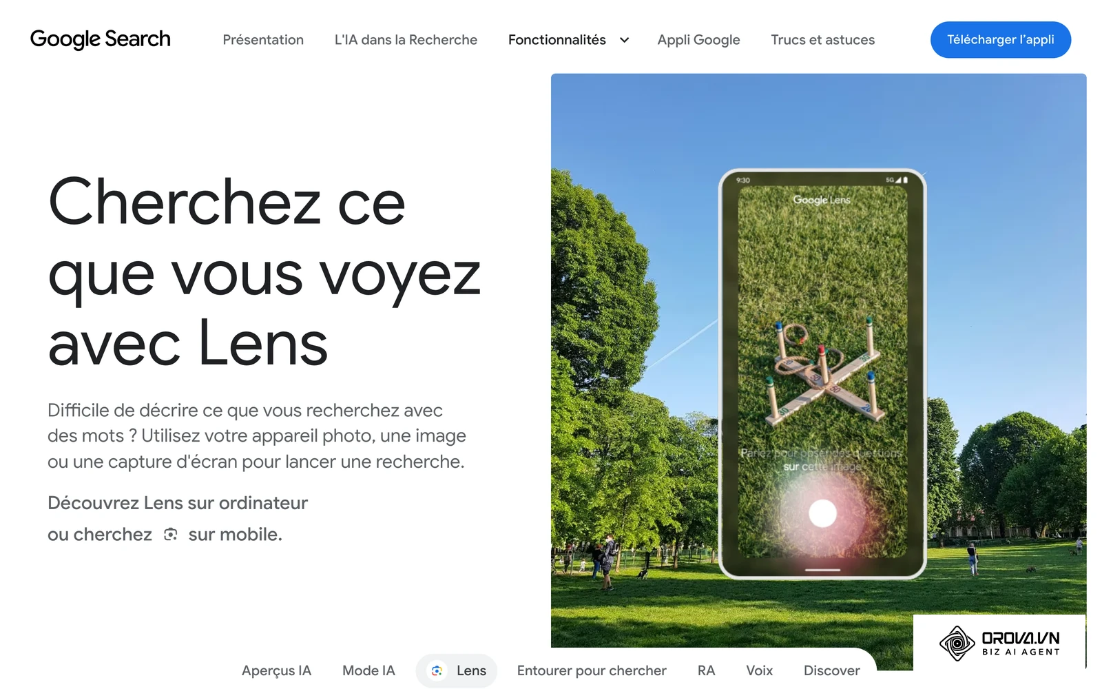 Page officielle de Google Lens, l'outil de reconnaissance visuelle utilisé par de nombreux smartphones Android pour lire un code QR depuis l'appareil photo ou une image.