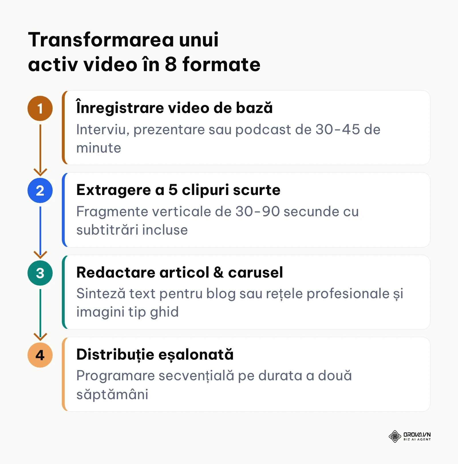 Diagramă verticală de proces care prezintă declinarea unui video de lung metraj în 8 formate secundare.