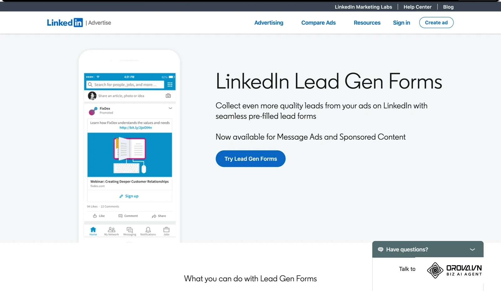 LinkedIn's official Lead Gen Forms page (archived copy) showing a pre-filled in-app lead form.