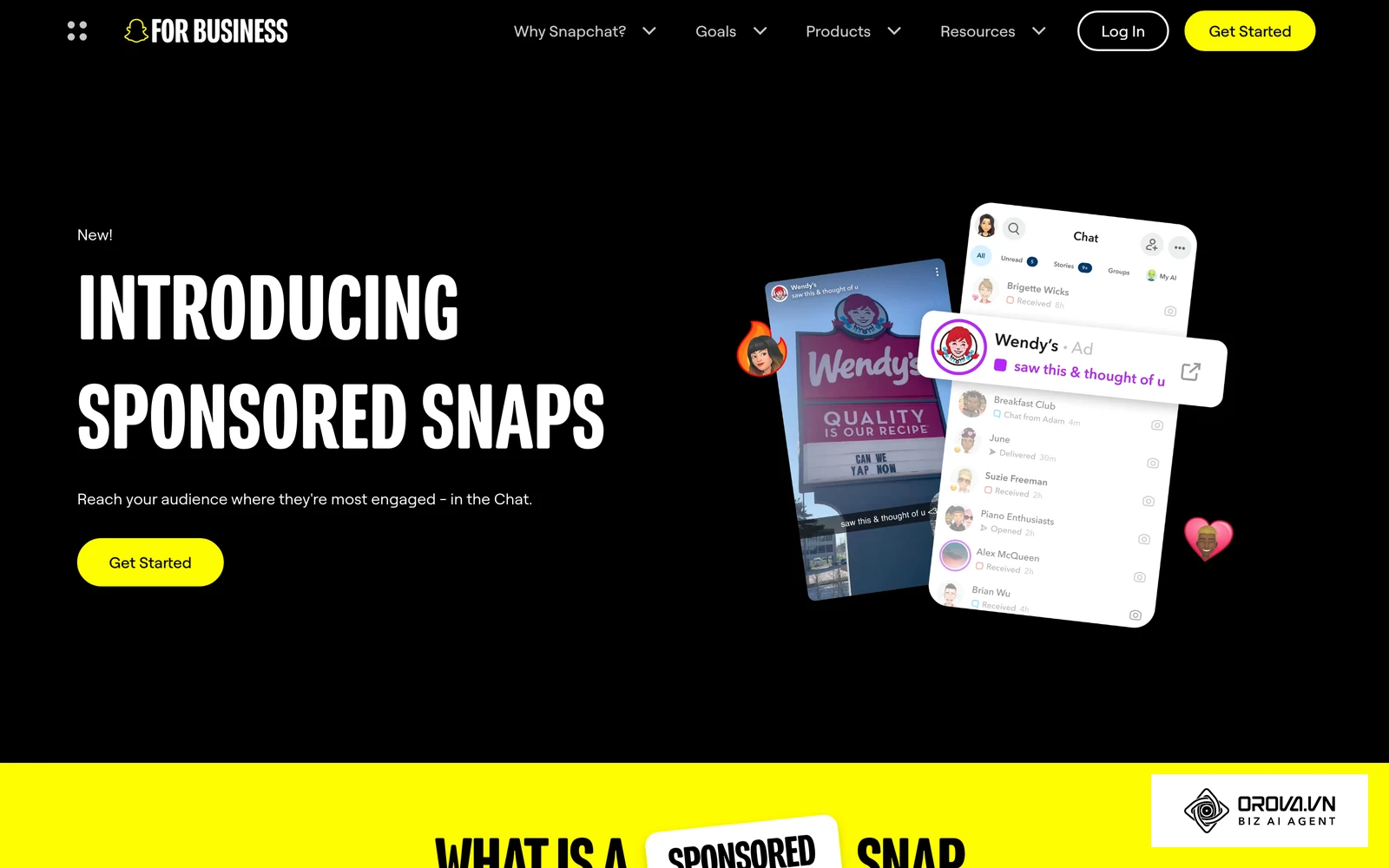 Snapchat for Business page introducing Sponsored Snaps, with an example brand ad shown inside the Chat inbox.