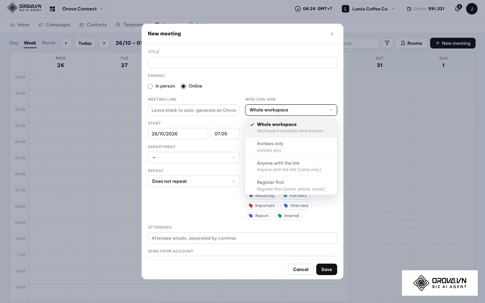 Formulier New meeting in Orova ingesteld op Online, met het menu Who can join geopend: Whole workspace, Invitees only, Anyone with the link en Register first.