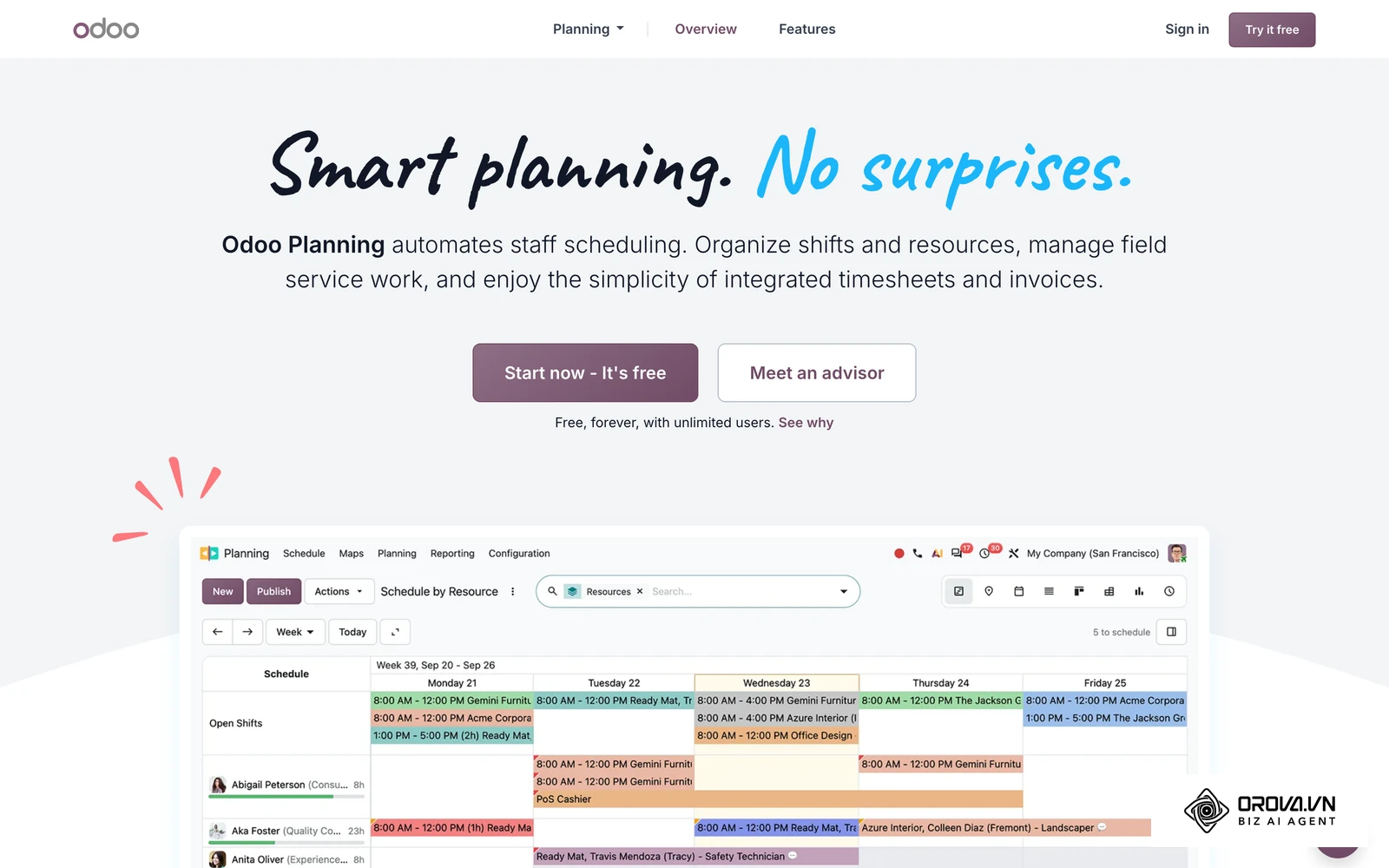 ទំព័រកម្មវិធី Planning ផ្លូវការរបស់ Odoo បង្ហាញចំណុចប្រទាក់រៀបចំវេនការងាររបស់បុគ្គលិក ដែលក្រុមហ៊ុនមានវេនច្រើនត្រូវការក្នុង HRMS