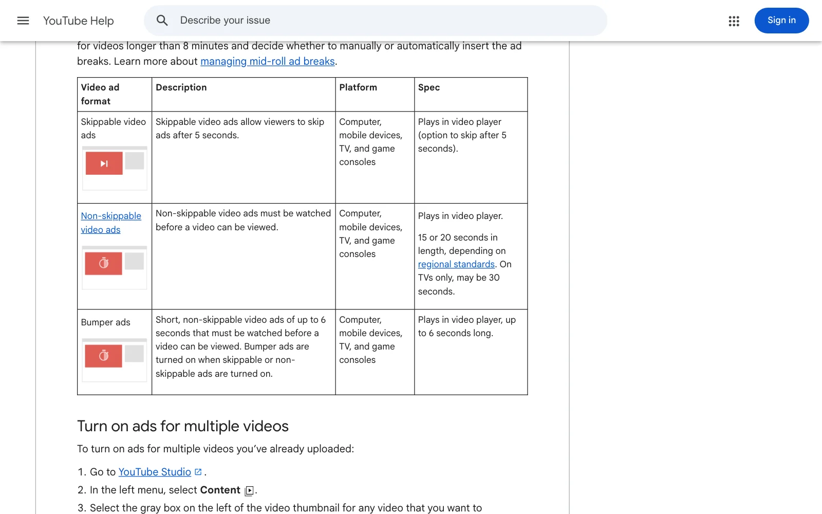 YouTube Help page on YouTube advertising formats, with the format table that lists bumper ads alongside skippable and non-skippable in-stream ads.