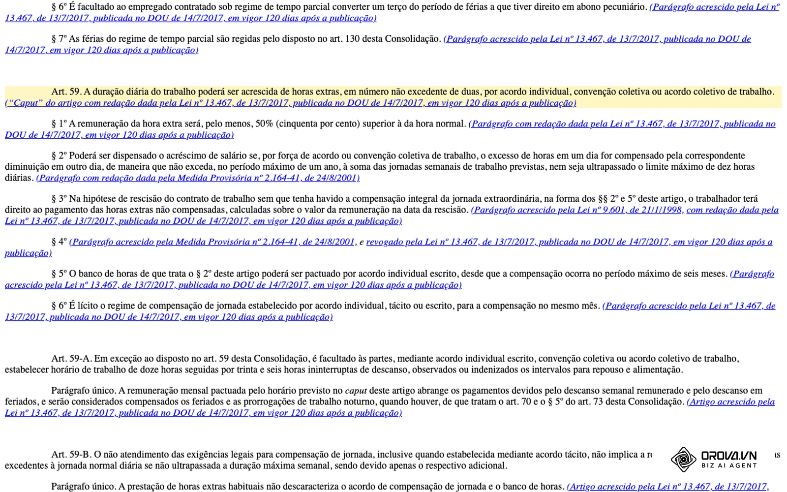 Artigo 59 da CLT no site da Câmara dos Deputados, com o caput sobre o limite de duas horas extras diárias e o § 1º sobre o adicional mínimo de 50%