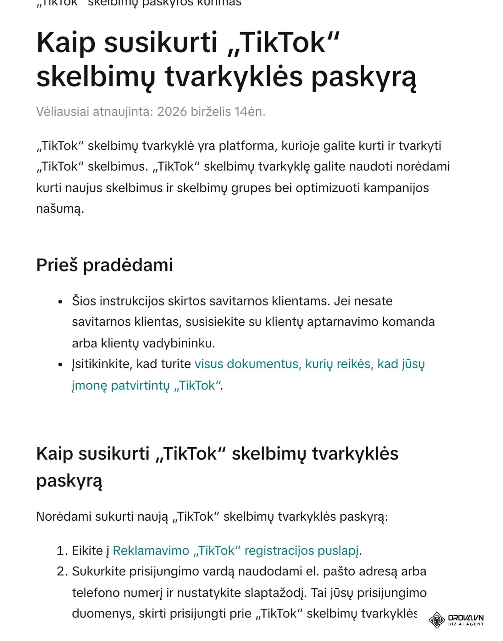 Lietuviškas TikTok verslo pagalbos centro straipsnis „Kaip susikurti „TikTok“ skelbimų tvarkyklės paskyrą“ su registracijos žingsniais.