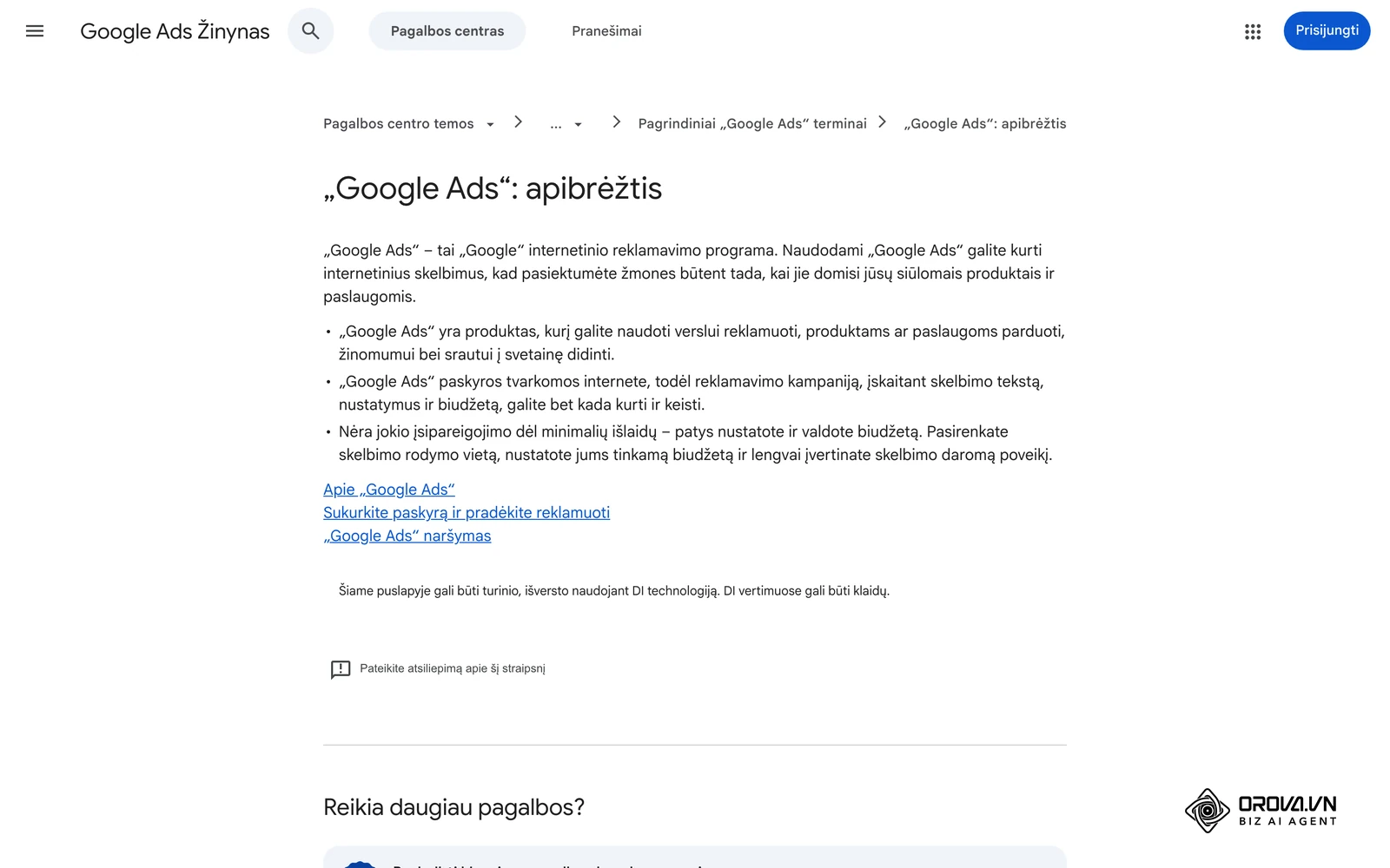 Oficialus „Google Ads“ pagalbos centro puslapis, paaiškinantis, kas yra „Google Ads“.