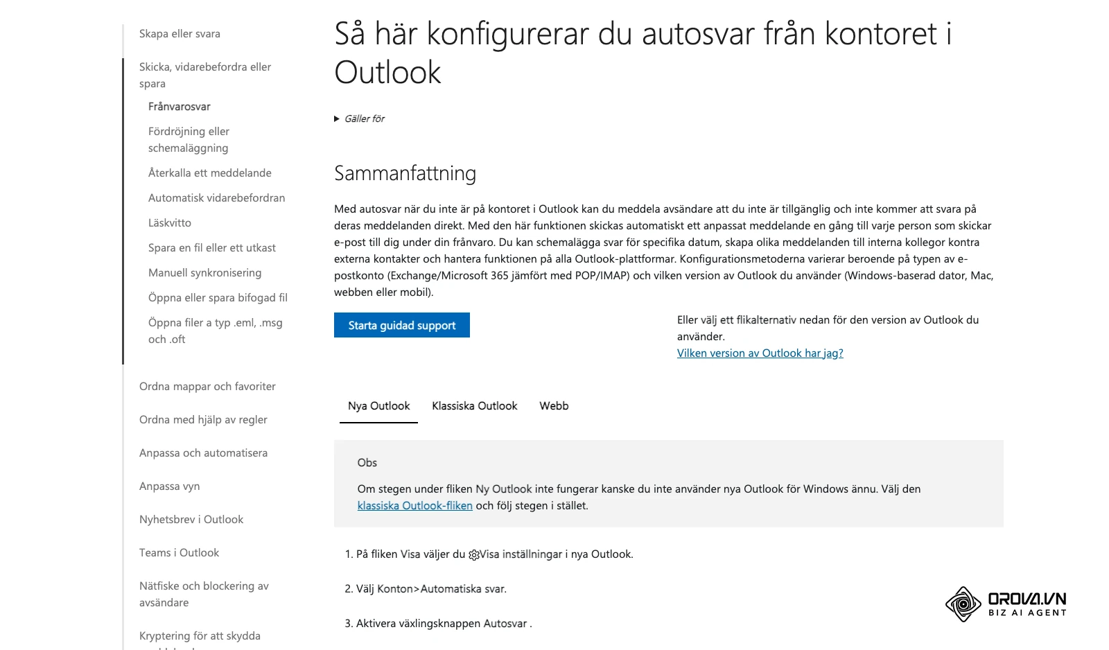 Microsofts svenska hjälpsida om autosvar från kontoret i Outlook, med stegen för nya och klassiska Outlook.