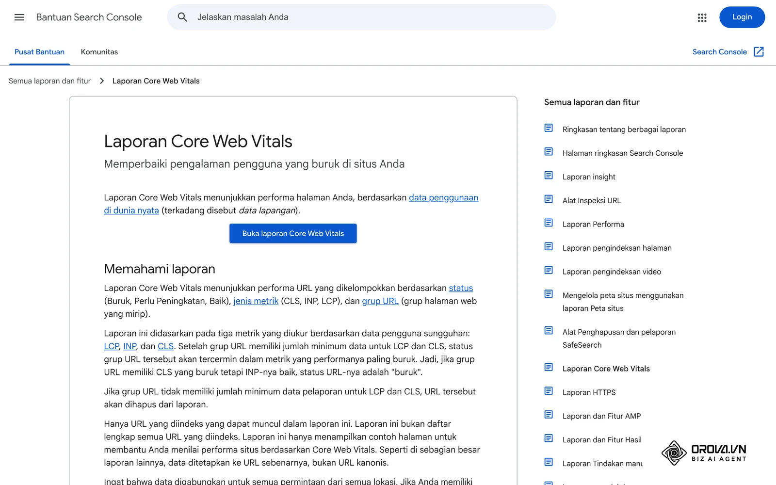 Halaman bantuan rasmi Google tentang laporan Core Web Vitals dalam Search Console, termasuk kumpulan Good, Needs improvement dan Poor.