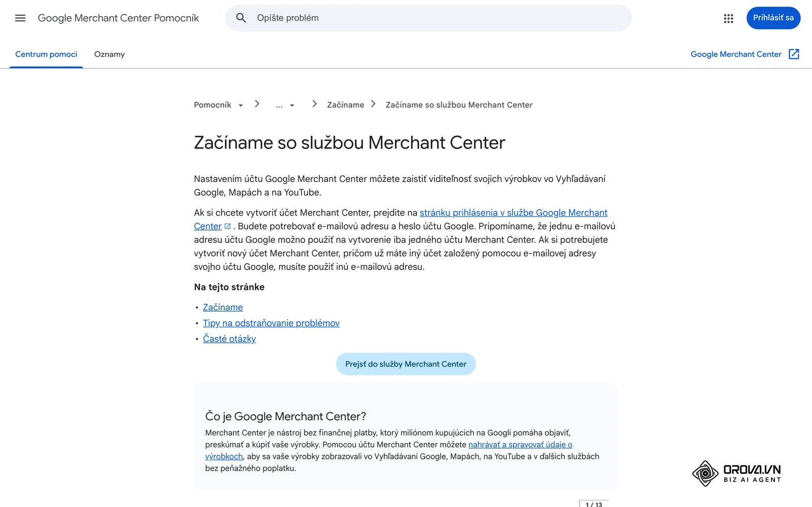 Oficiálny Pomocník Google Merchant Center v slovenčine: stránka „Začíname so službou Merchant Center“.