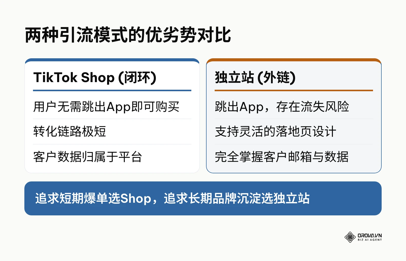详细对比了将流量导入TikTok Shop与独立站的区别，涵盖链路长度与数据归属