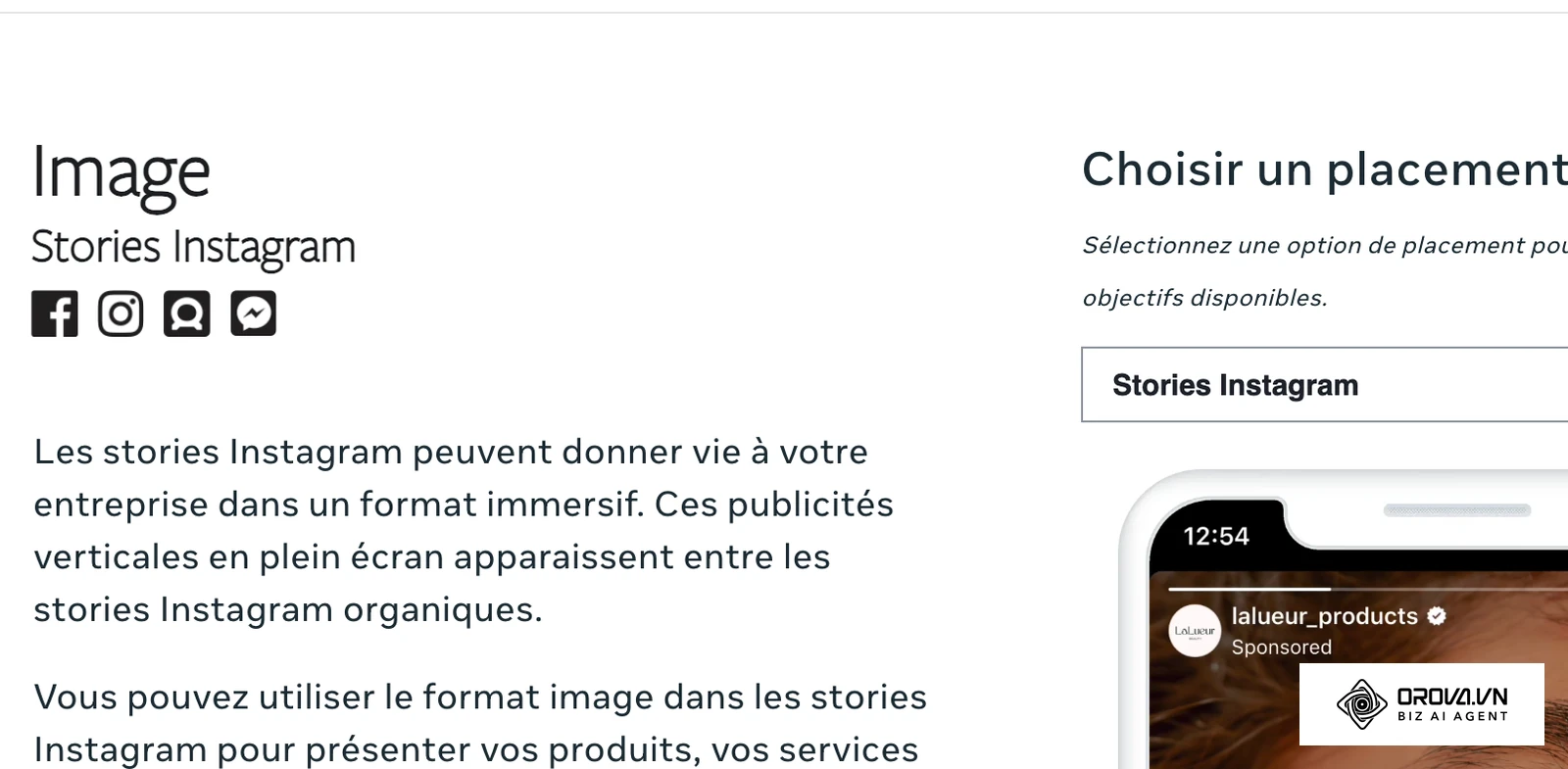 Guide des publicités Meta, placement Stories Instagram : le format vertical plein écran 9:16 affiché dans un aperçu de téléphone.