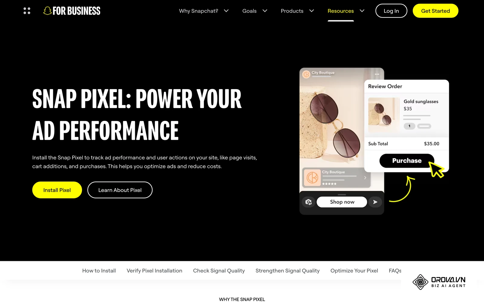 Snapchat for Business Snap Pixel page, showing an ad leading to a website checkout tracked as a Purchase event.