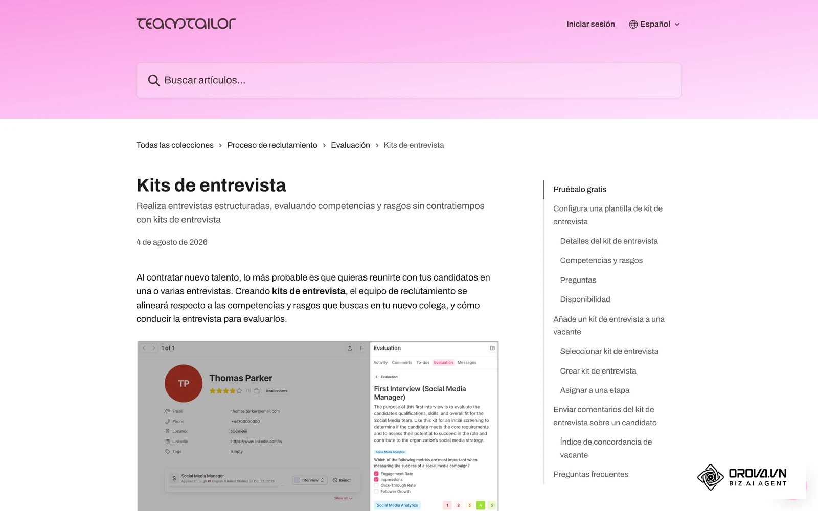Kit de entrevista con preguntas y puntuación en la ayuda oficial de Teamtailor, equivalente digital de la rúbrica de este artículo.