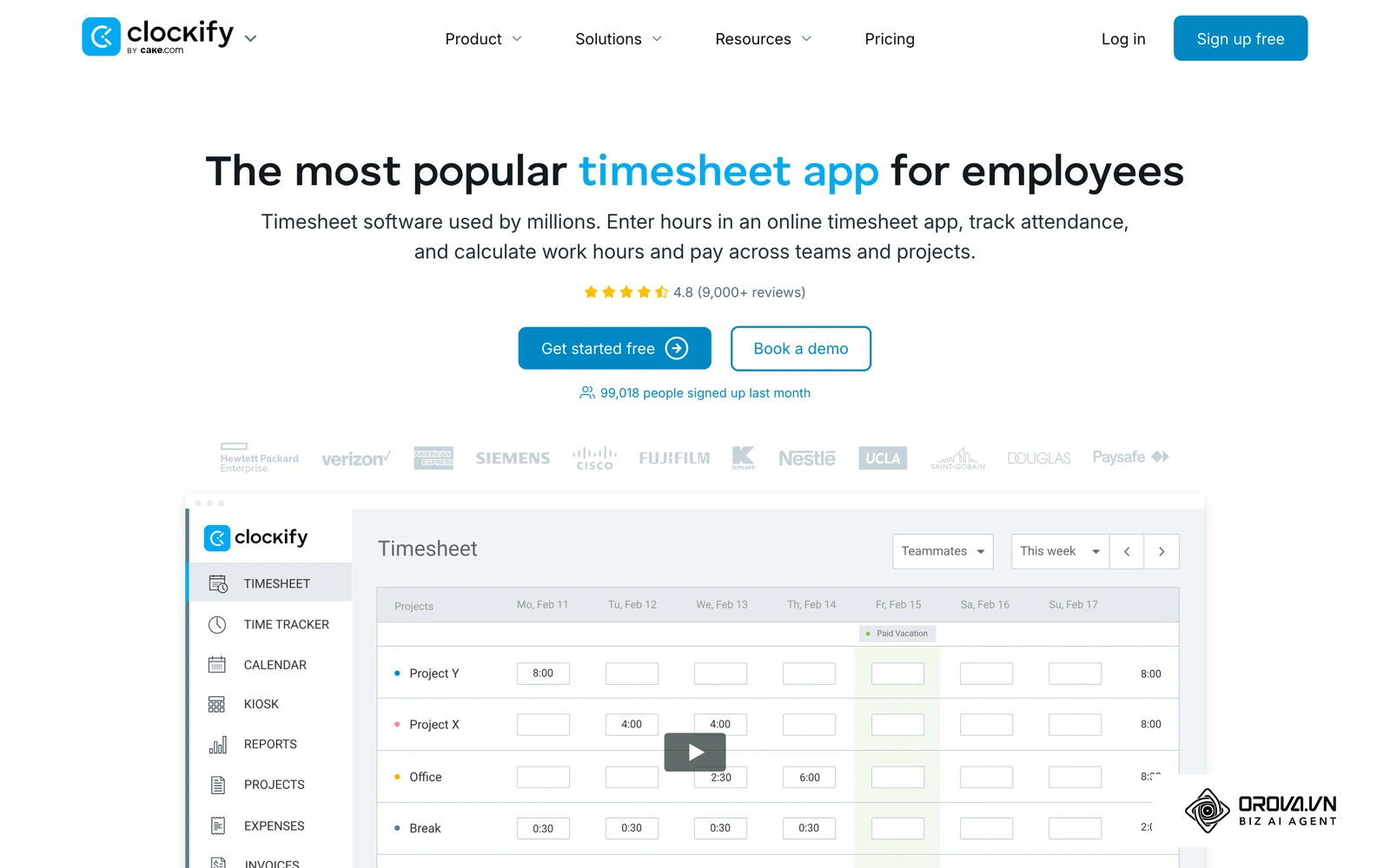 Clockify timesheet app page showing a weekly timesheet grid where hours are reviewed before export.