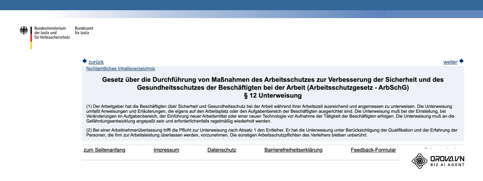 § 12 Arbeitsschutzgesetz (Unterweisung) im offiziellen Gesetzesportal gesetze-im-internet.de