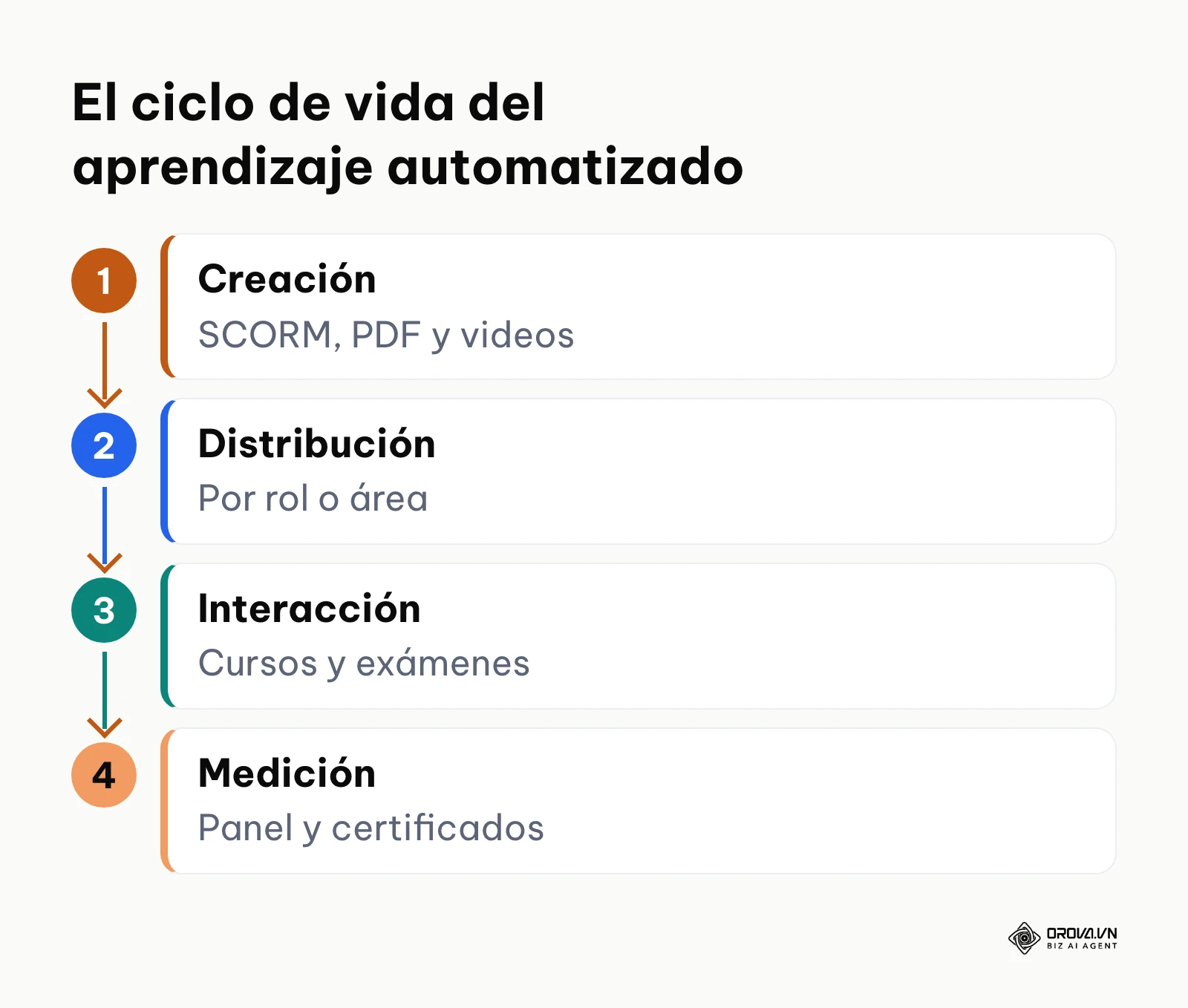 Diagrama de flujo horizontal que detalla las cuatro etapas del ciclo de vida dentro de una plataforma.